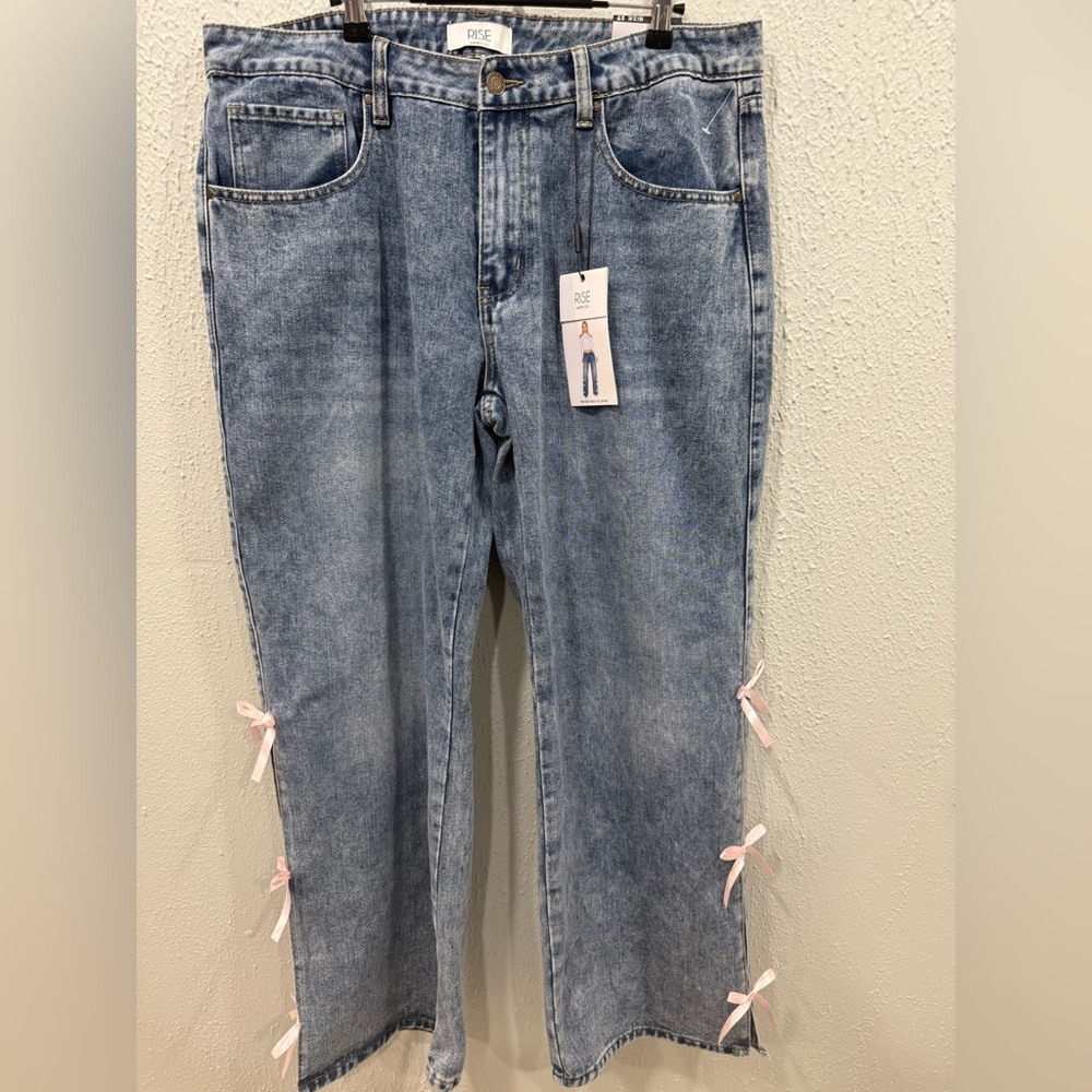Rise Supply Women's Size 17 Straight Leg Jeans Blue with Pink Accents Romantic